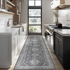GENIMO 2x10 Non Slip Hallway Runner Rug, Machine Washable, Thin & Low Pile Lightweight for Kitchen, Laundry, Entryway, Bedroom & Living Room, Gray