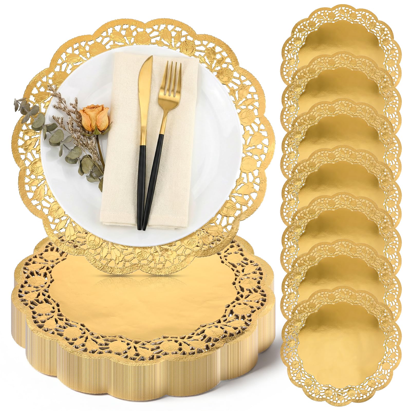 Photo 1 of 100 Pack Round Gold Paper Doilies, 13.5 Inches Gold Doilies Disposable Paper Doiliess, Round Golds Lace Papers Charger Plates, Table and Disposable Rounds Papers Placemats for Cakes Party Wedding