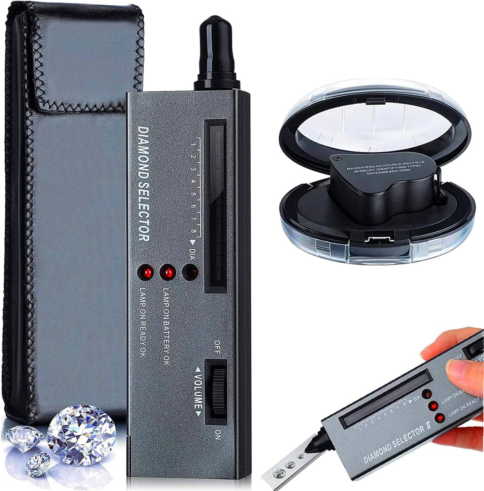 Diamond Tester,Hqdz Diamond Tester Pen+30X 60X Illuminated Jewelry Loupe Jewelry Distinguish Tool,High Accuracy Professional Diamond Selector for Novice and Expert,Thermal Conductivity Meter