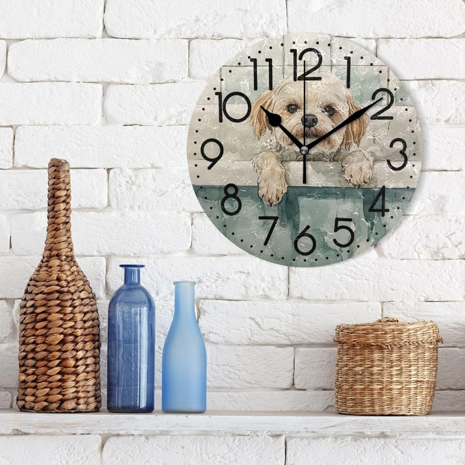 Watercolor Dog in Tub Round Wall Clock Oil Painting Home Office School Decorative Creative Dual Use Clock Art