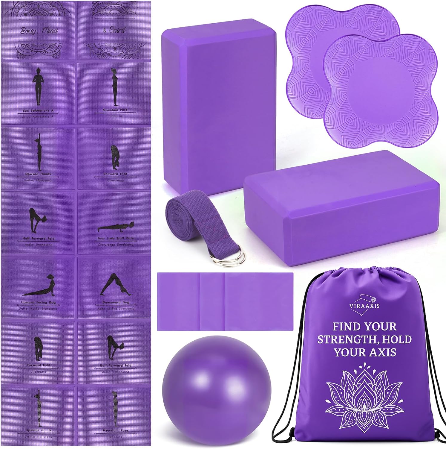 Foldable Yoga Mat and Blocks Set for Women with 2 Pack Yoga Blocks and Strap,Thin Non Slip Pilates Mat with Bag, Home Workout Equipment Essentials Starter Kit for Beginners Full Body Toning