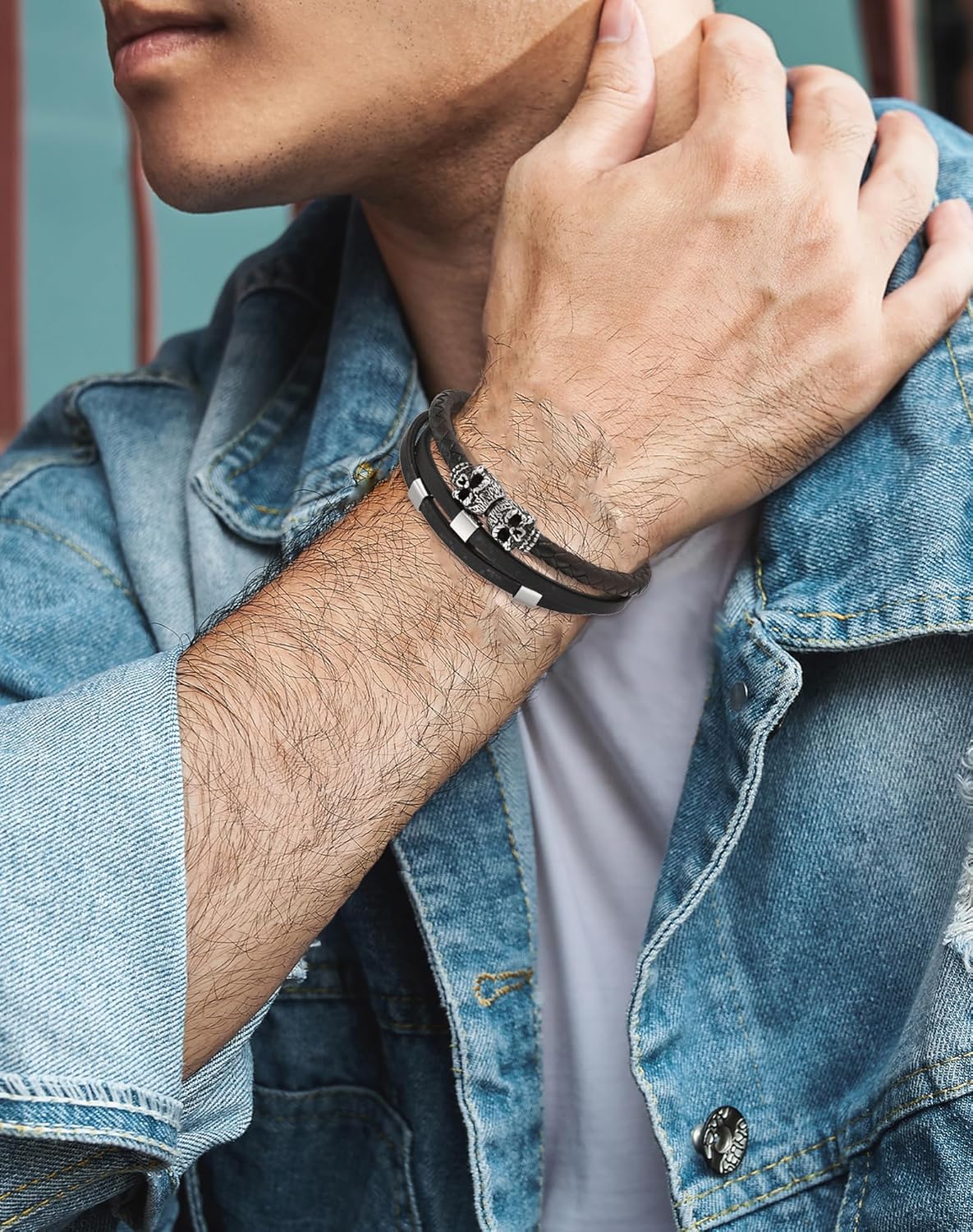 YL Mens Skull Ruby Leather Bracelet, 18K Gold/Black Rhodium Plated Double Skeleton Red CZ Cuff Stainless Steel Handcrafted Jewelry Gifts