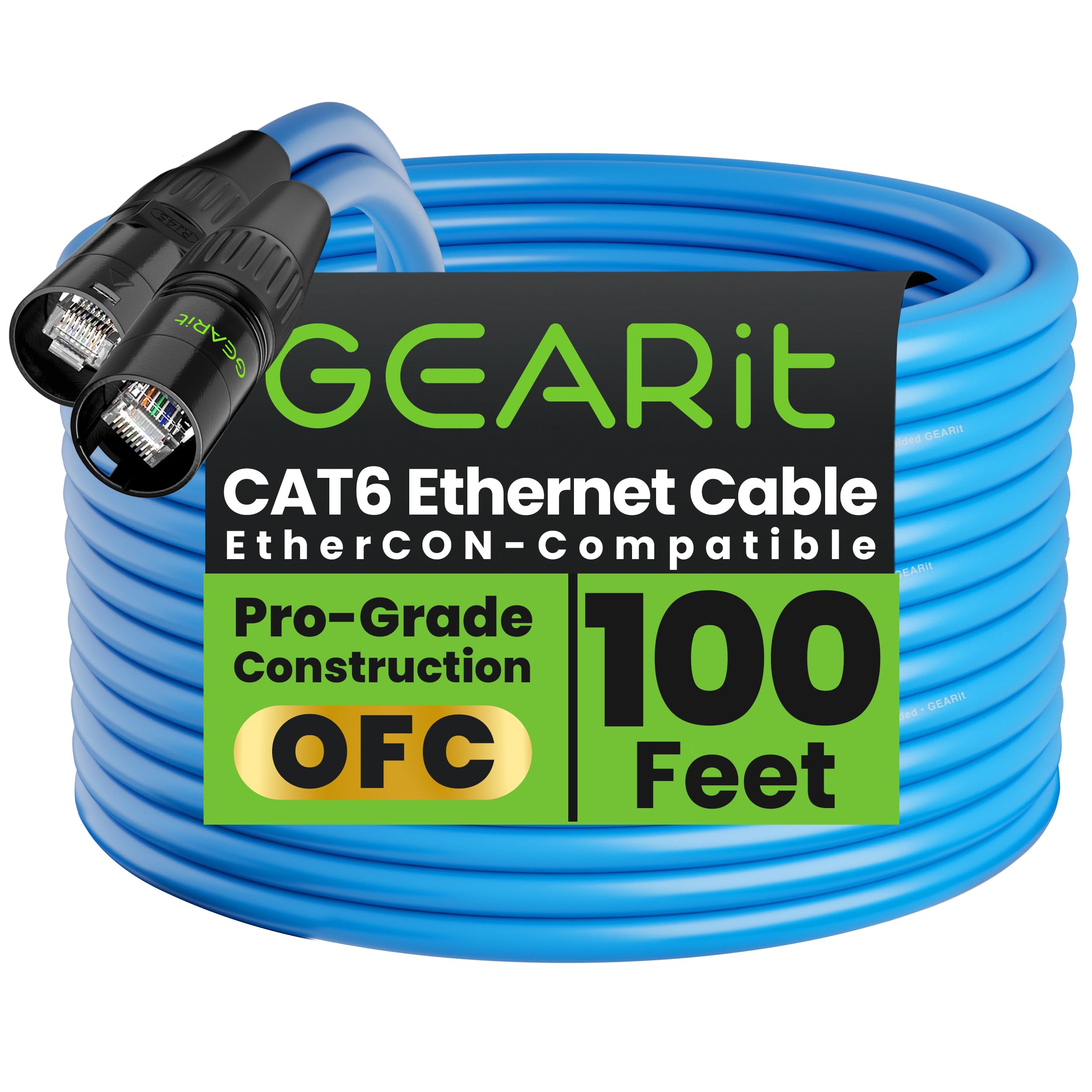 Shielded CAT6 Ethercon Cable (100 Feet) Professional Audio & Lighting RJ45 EtherCON-Compatible Cable for Studio, Stage, Concerts - 100ft Blue