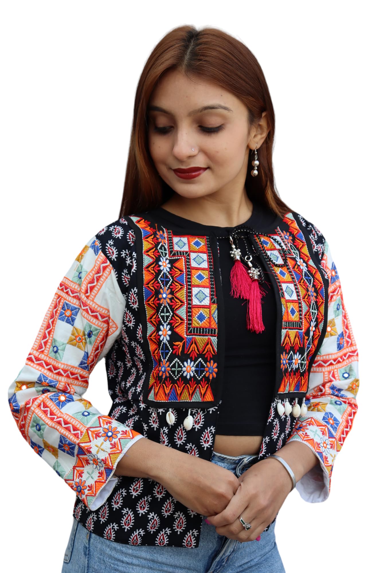 odhan Women's Embroidered Ethnic Jacket, White with Multicolour Embroidery, Cotton, Full Sleeve, Bohemian Folk Style-picture-23
