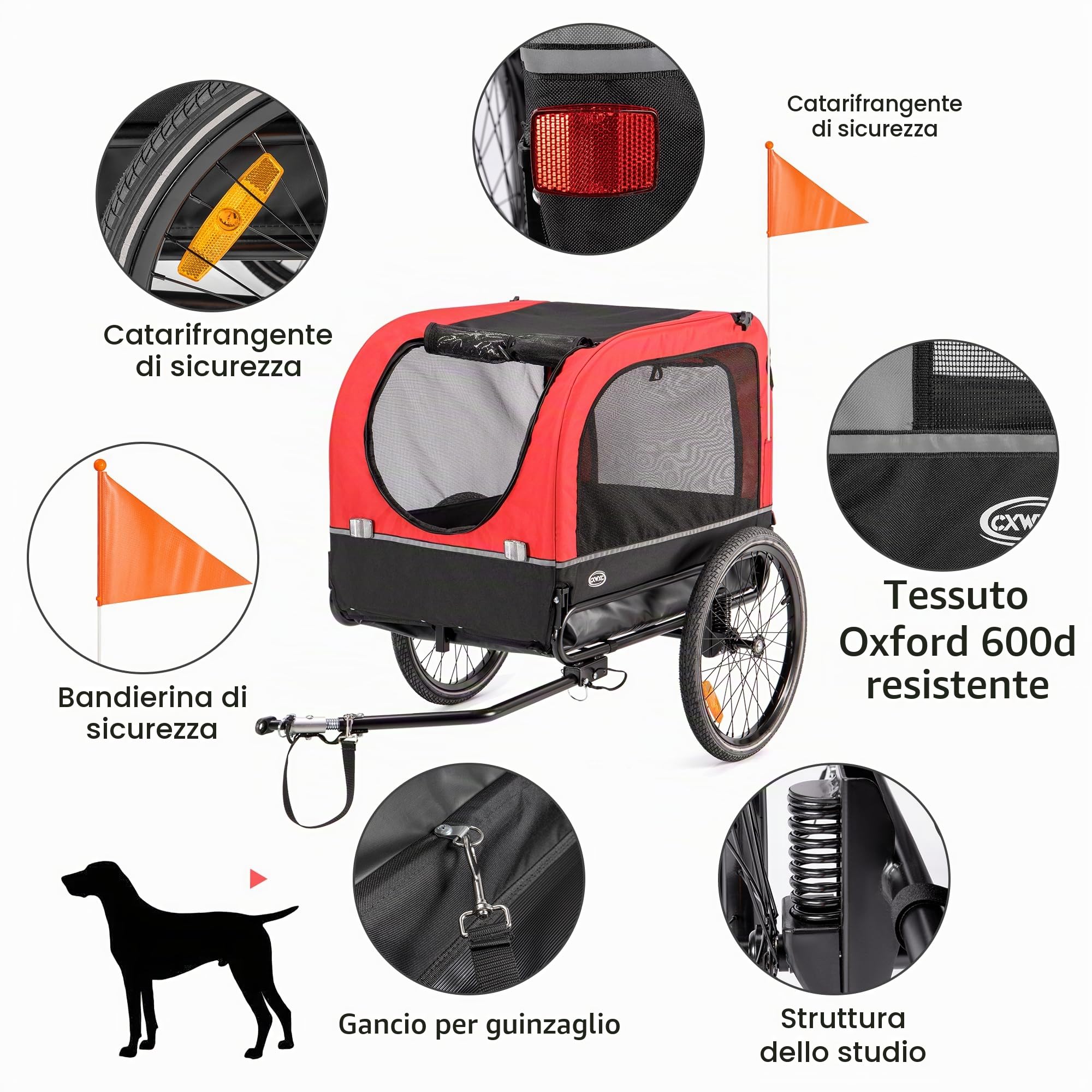 CXWXC Rimorchio della bicicletta per cani 2 in 1 Rimorchio della bicicletta per carrello del cane da jogger con ammortizzatore, rimorchio del cane Capacità massima di carico 40KG/88LBS (Rosso)