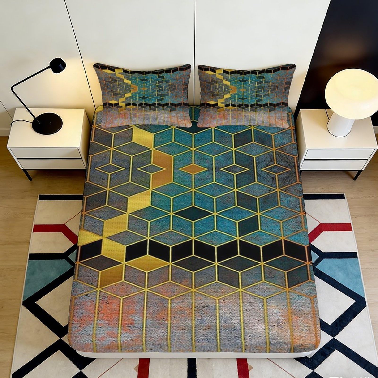 3D Printed Geometric Mosaic Fitted Sheet Microfiber Soft Breathable Abstract Hexagon Mattress Cover for Bedroom Guest Room Decor 90x200x25cm