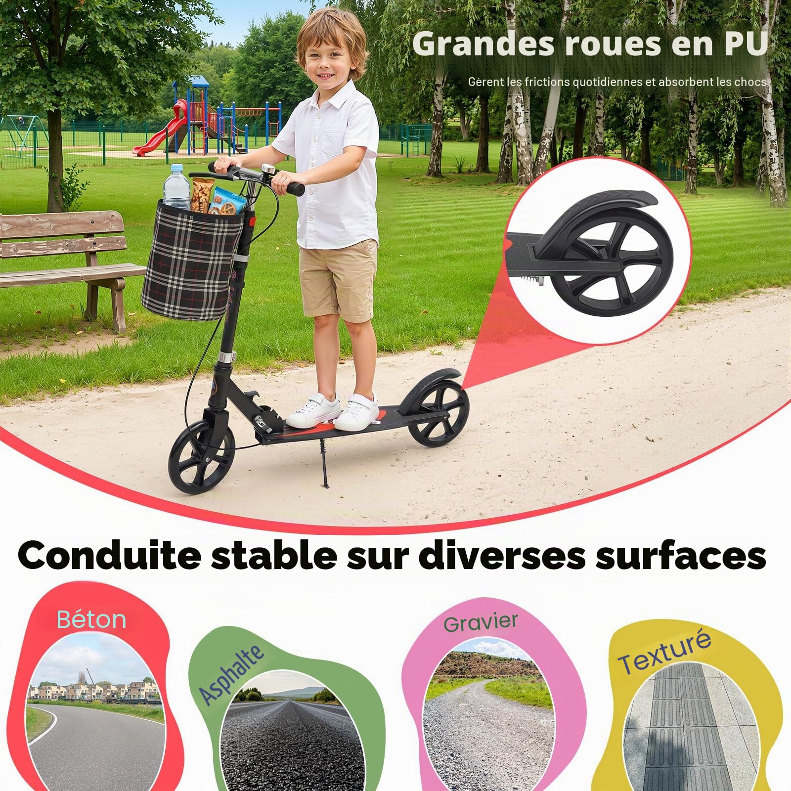 Trottinette pliable TAPMING avec frein à main et à pied, capacité de charge maximale 150 kg, avec panier, hauteur réglable, noir