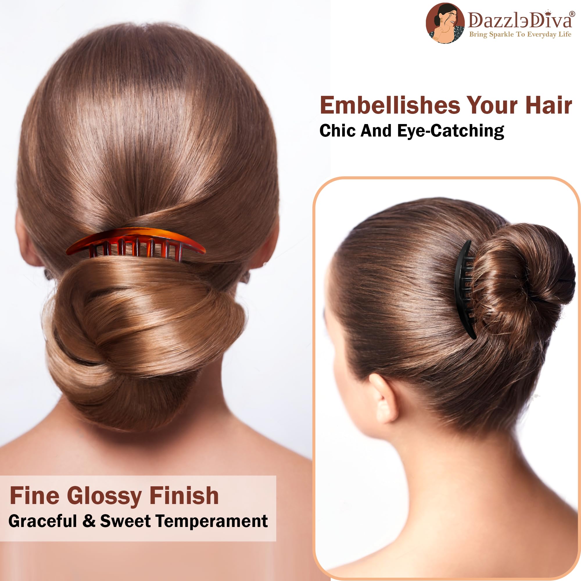 DazzleDiva French Hair Side Combs, 2-Pack Tortoise & Black for Styling Updos 2Pcs 2