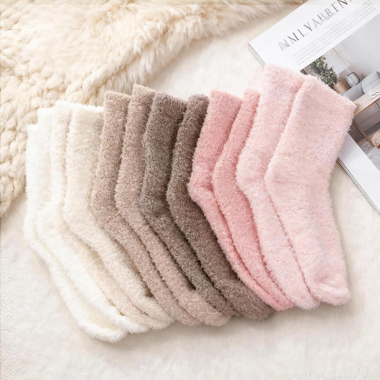 Fengek 6 Pairs Women's Fuzzy Slipper Socks - Cozy Fluffy Socks for Women, Warm Winter & Fall Slipper Socks for Cold Weather - Image 5