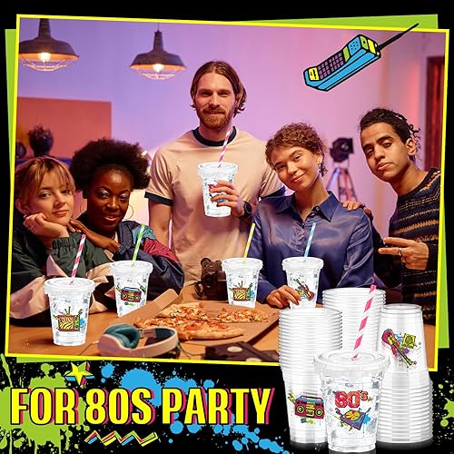 Miniatura 5 de 50 tazas de plástico desechables de los años 80 de 12 onzas G Back to 80s tazas gruesas temáticas de los años 80 tapas para tazas transparentes con