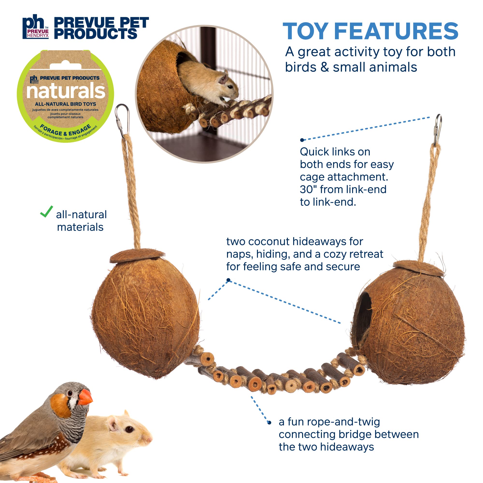 Prevue Pet Products Naturals 62818, Kokosnuss-Spaziergang für kleine Tiere und Vögel, 16 x 4 x 9 cm