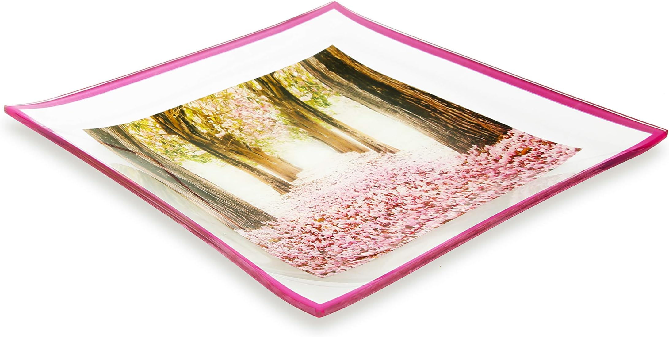 GAC Unique Landscape Design Square Tempered Glass Serving Plates – 10.5 Inch – Set of 2 – Break and Chip Resistant – Attractive Multi-Colored Dinner Plate Set 10.5 inch Pink
