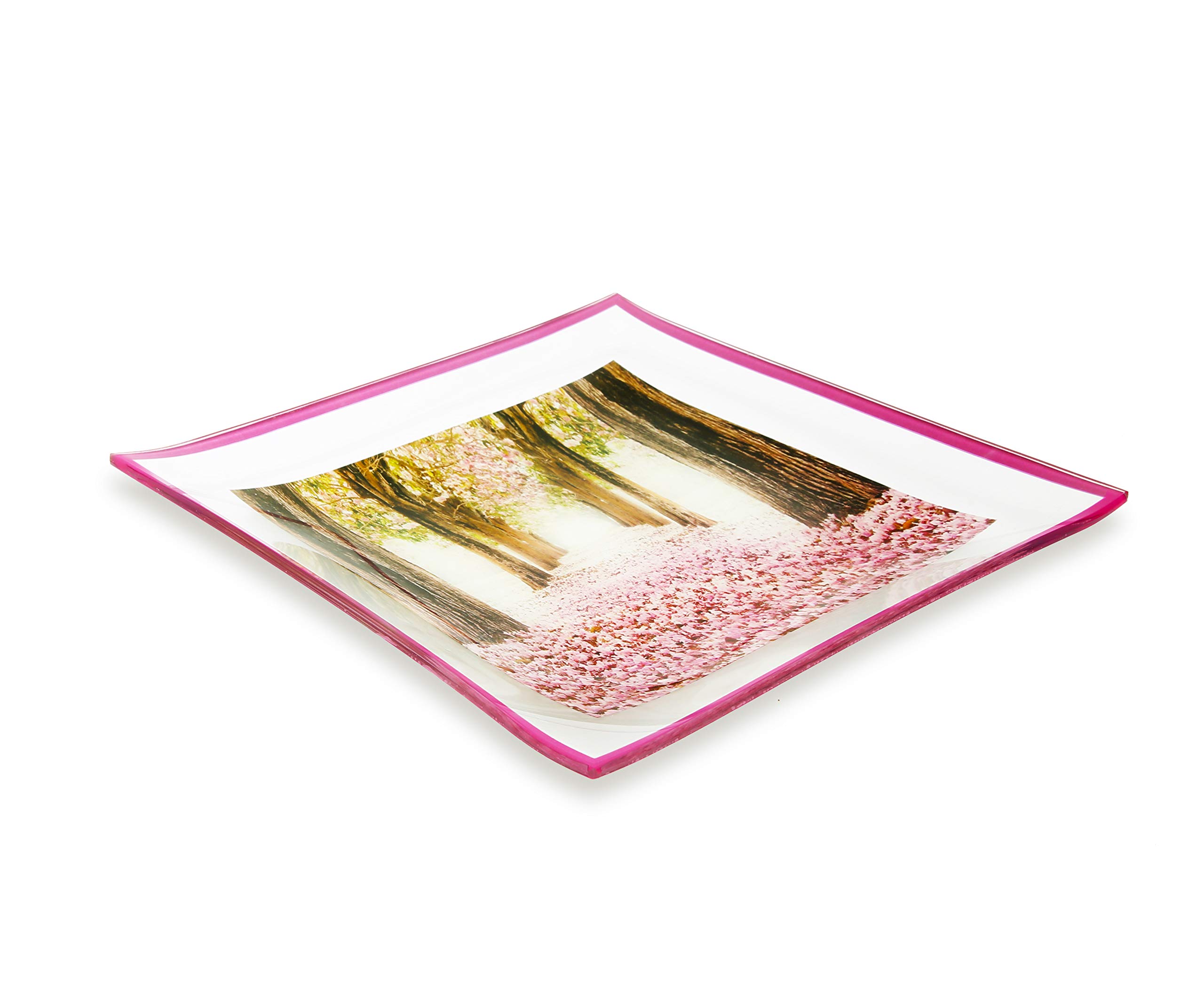 GAC Unique Landscape Design Square Tempered Glass Serving Plates – 10.5 Inch – Set of 2 – Break and Chip Resistant – Attractive Multi-Colored Dinner Plate Set 10.5 inch Pink