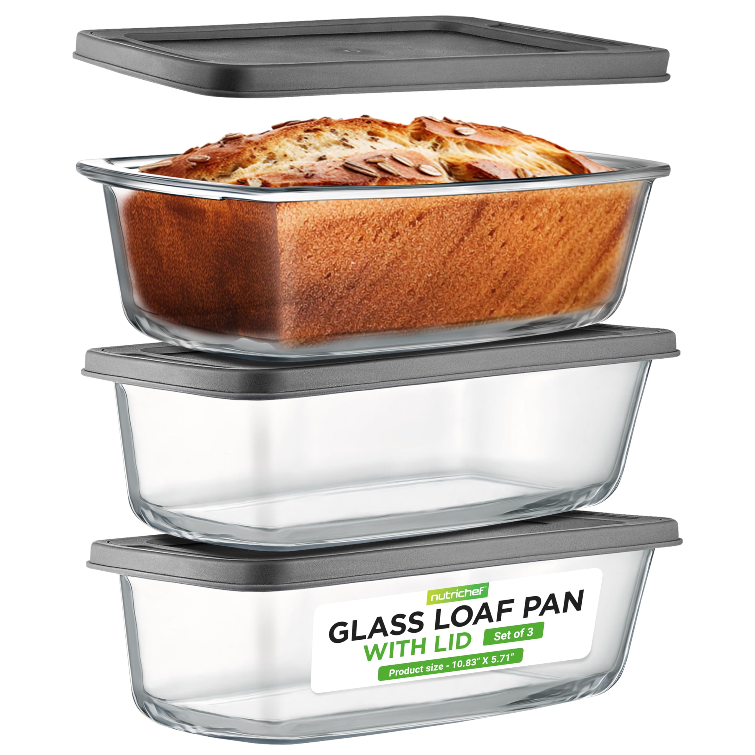 NutriChef 6 Piece Glass Loaf Pans for Baking Bread - 7.6 Cups Stackable Glass Bread Loaf Pan - 3 loaf Pan with 3 Lids - Oven & Microwave Safe, Dishwasher Safe - Clear