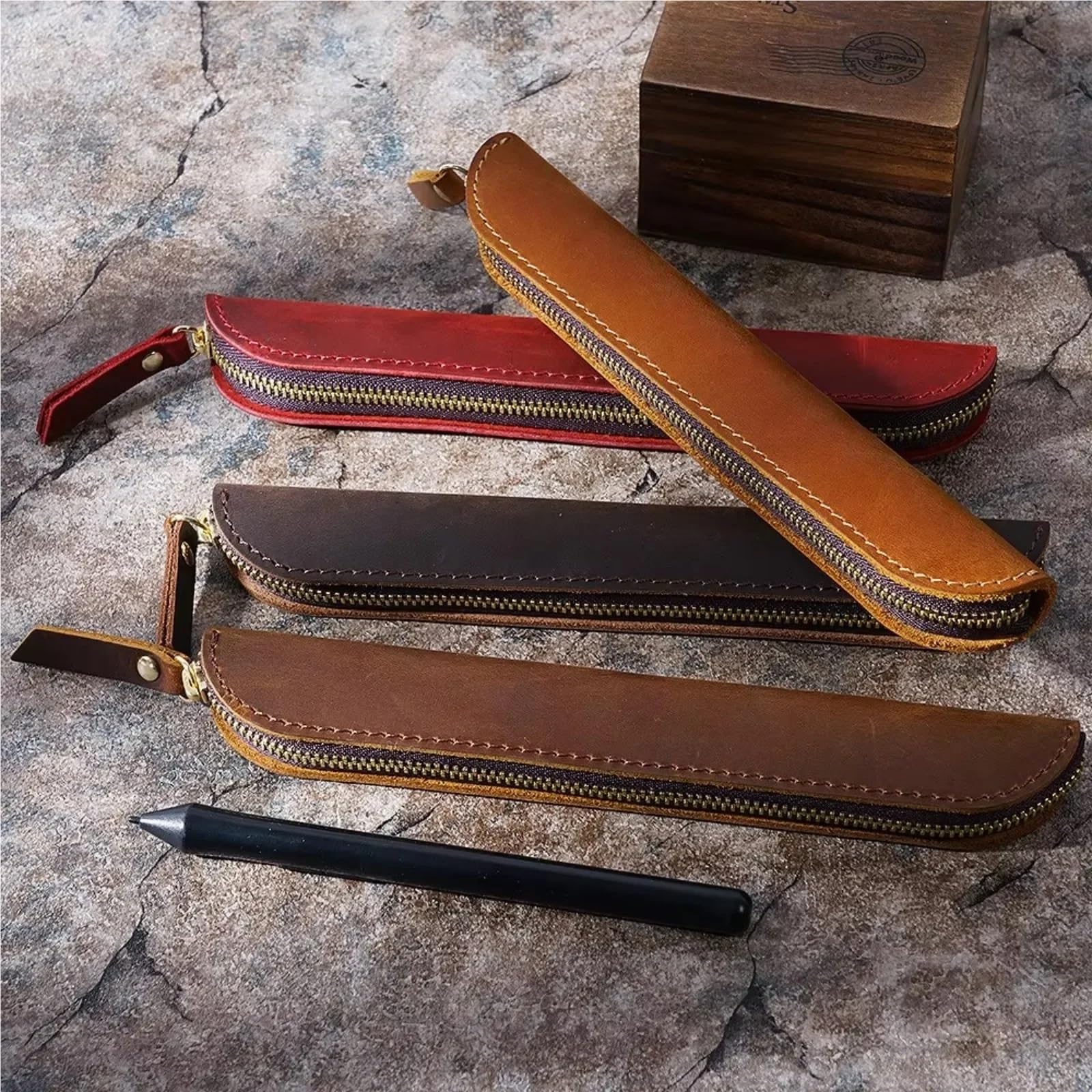 Vintage skóra bydlęca klips na długopis etui zapinane zamek artykuły biurowe skórzany pojemnik ołówki do szkolnego biura podróżnego lodówka tablica(Brown,32pcs)