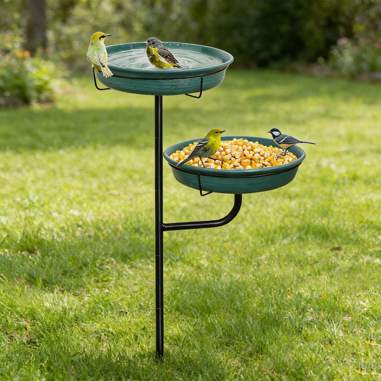 Bebedero para pájaros de metal con bebedero y comedero, ideal para pájaros silvestres en negro y verde