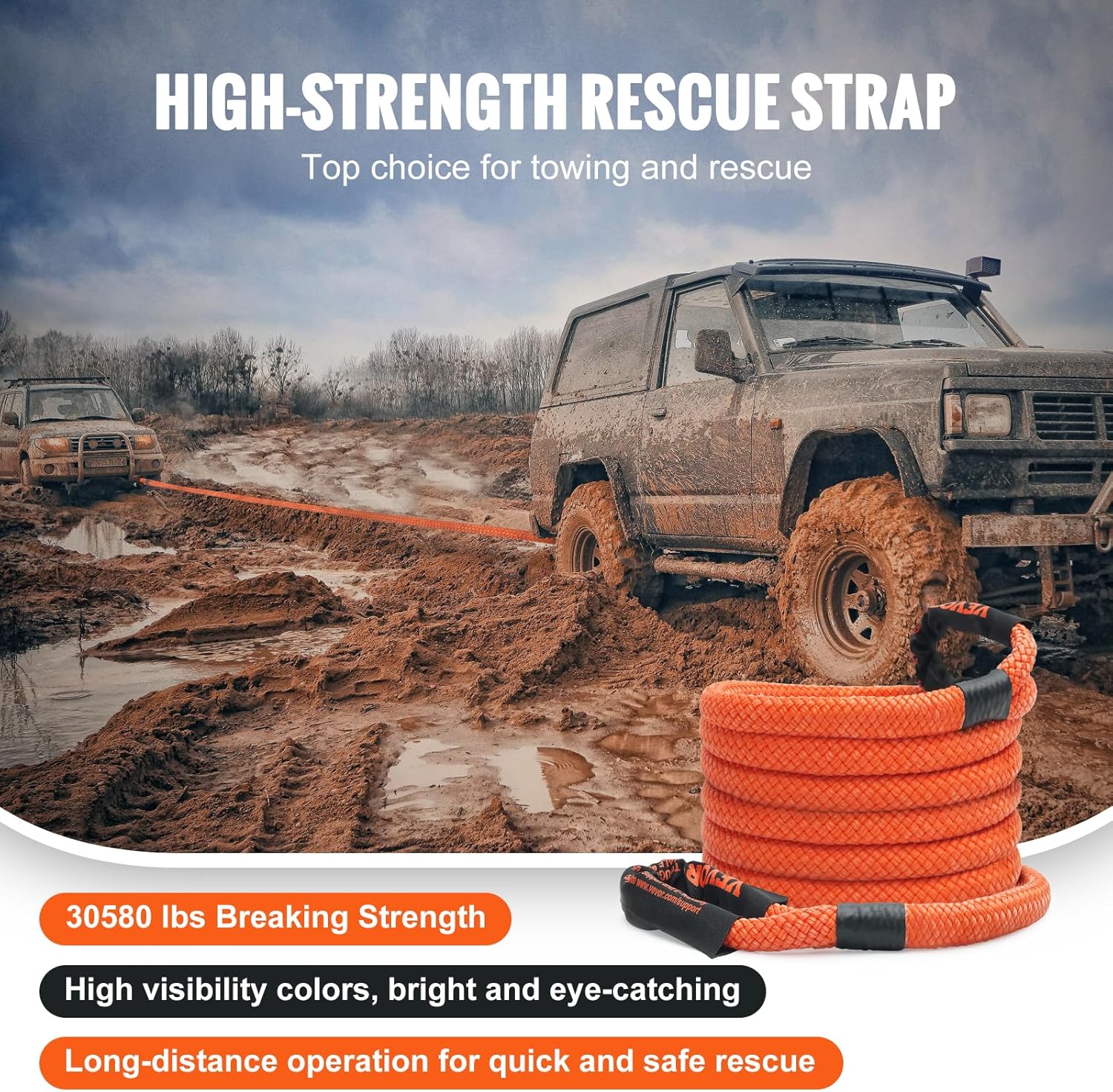 VEVOR 7/8" x 20' Kinetic Recovery Tow Rope 30,580 lbs, Heavy-Duty Off Road Snatch Strap, Extreme Duty 30% Elasticity Energy Snatch Strap for Jeep Car Truck ATV UTV SUV Tractor