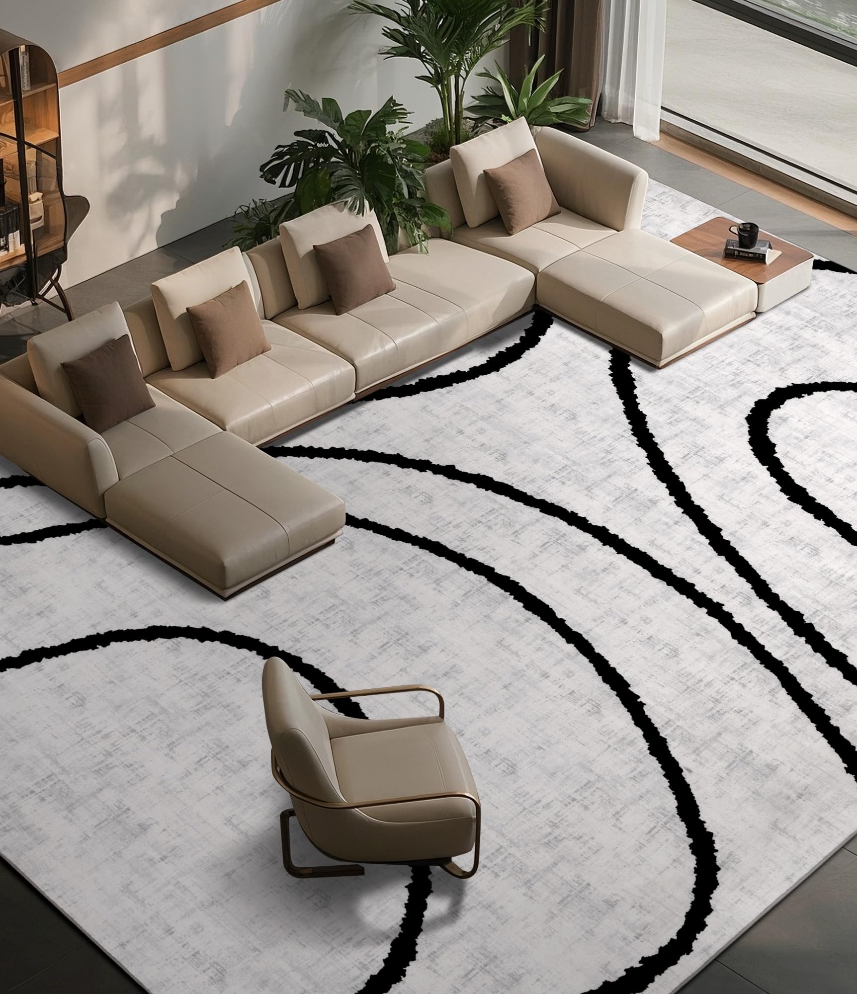 YIHOUSE Modern Area Rugs for Living Room, 8x10 Washable Black and White Rug, Thin Abstract Geometric Striped Rug, Area Rug for Bedroom,Kitchen,Dining