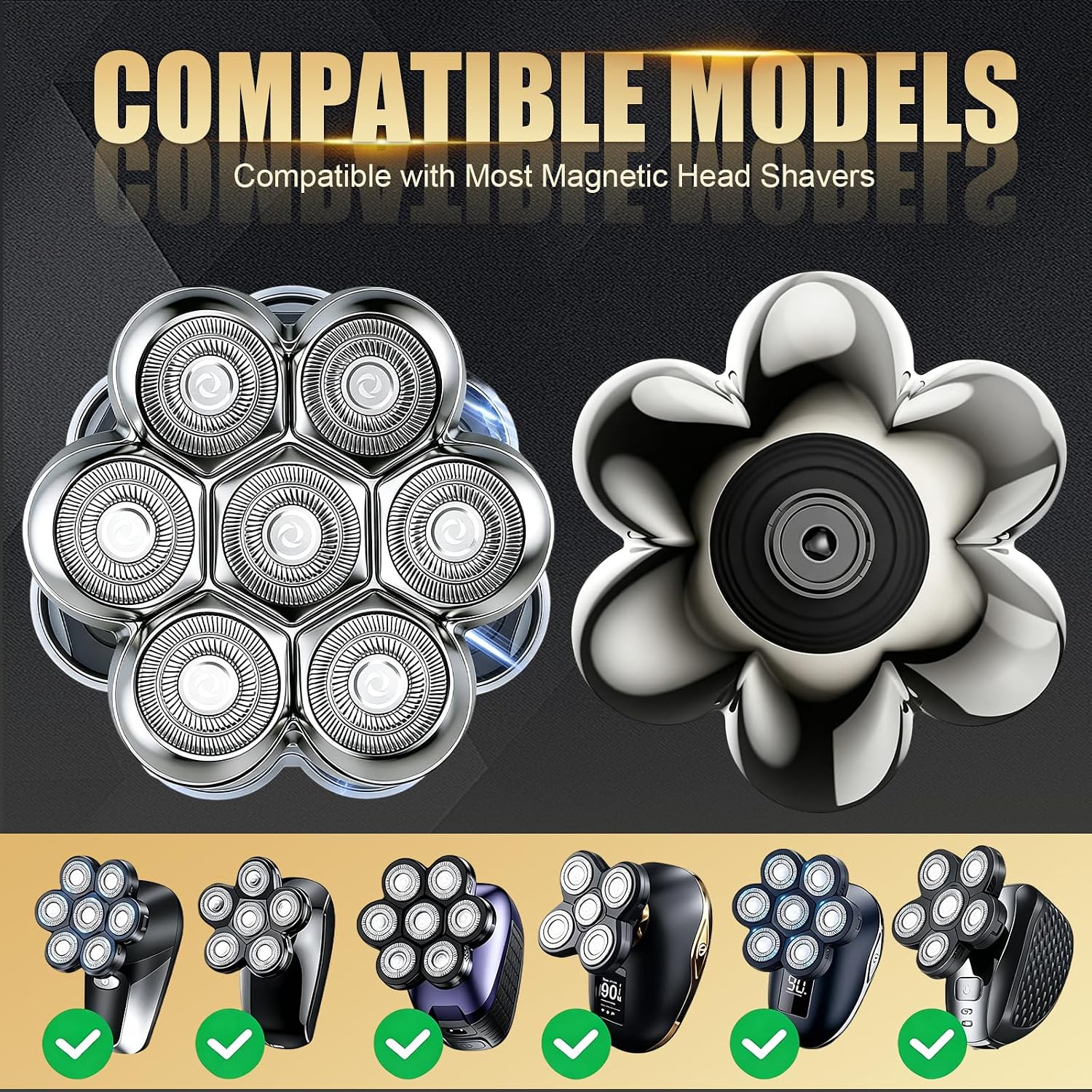 7 Blade Floating Replacement Shaving Head, Washable Shaver Blade Heads Compatible with Freebird, Replacement for Head Shaver, Wet & Dry for Rotary Shavers with 3 Cleaning Brush, Silver（3 Pack）