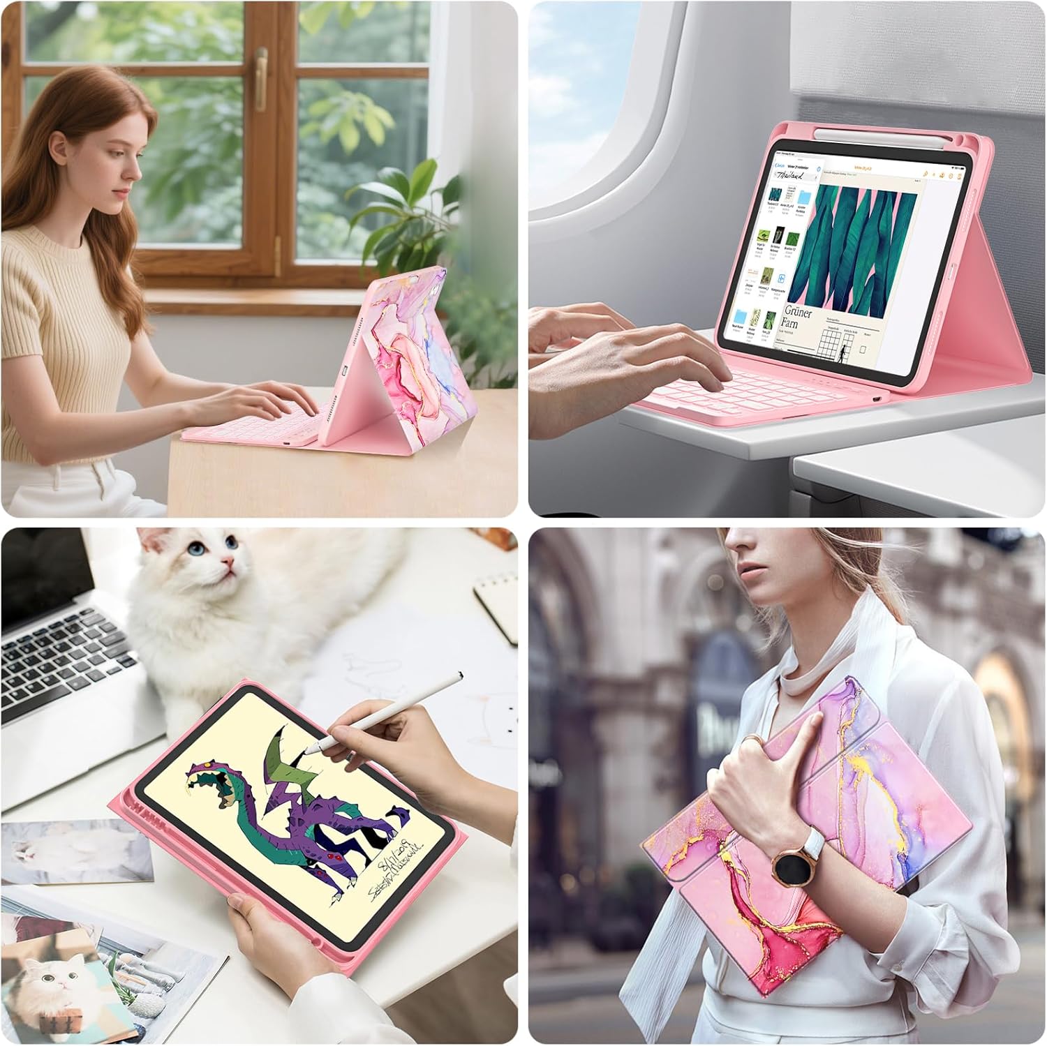 FUWANG for iPad A16 11th 10th Generation Case with Keyboard - Backlit Detachable Keyboard Marble Folio Cover with Pencil Holder for iPad 11th Gen 11-inch 2025 & 10th Generation 10.9 Inch 2022