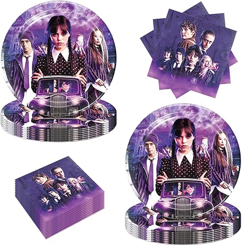 Accro Xtrem 40 piezas de suministros de fiesta de Wednesday Addams, incluyendo 20 platos y 20 servilletas para decoraciones de fiesta temática de