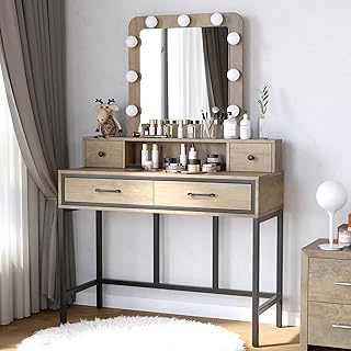 RoyalCraft Vanity Desk with Mirror and Lights, Makeup Vanity with 3 Colo...