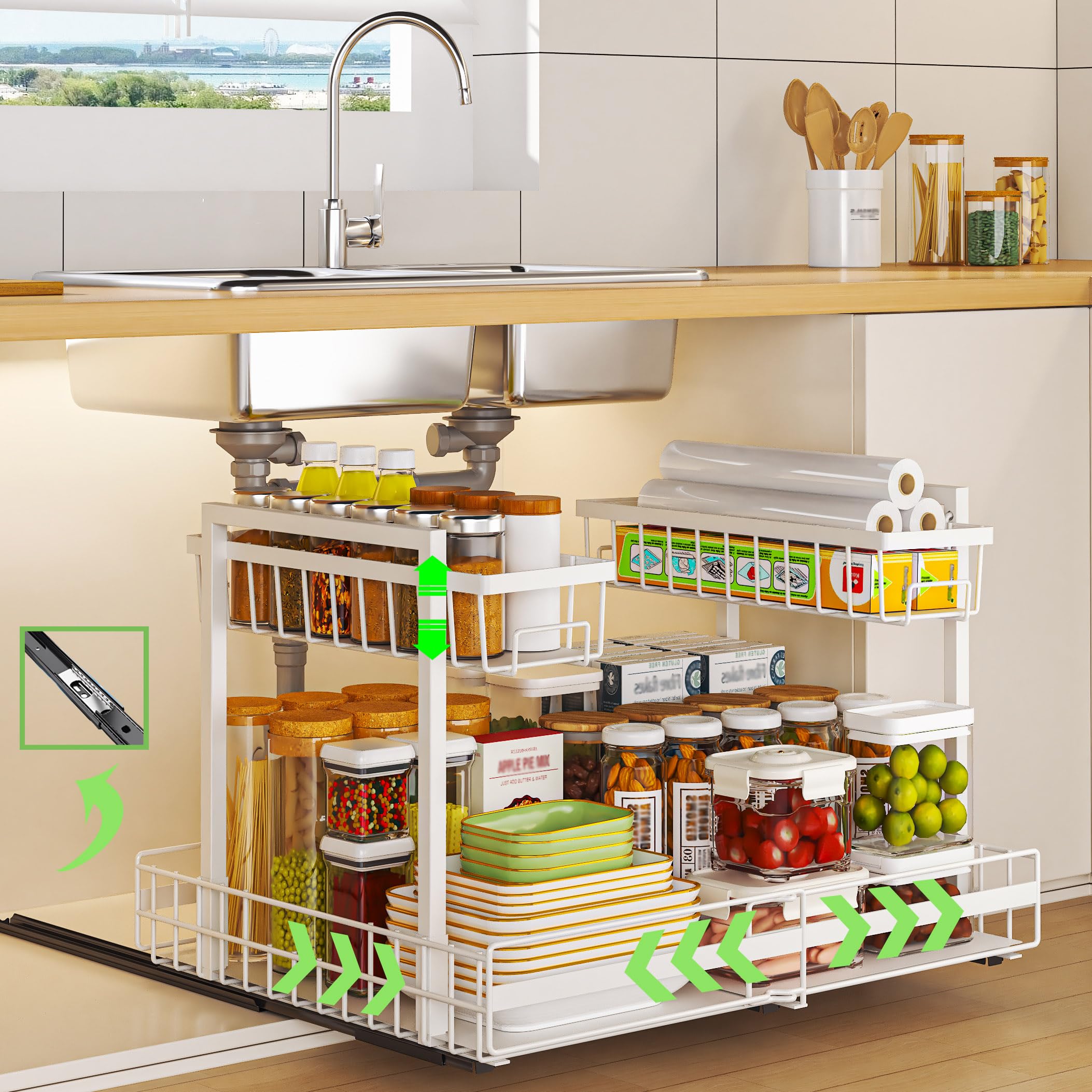 YunNasi 2 Etagen Erweiterbar Schrankkörbe, Ausziehbare Spülschrank Organizer, Unterschrank Organizer, Mehrfunktional Regal für Küche, Bad, Schrank, Wandschrank (Weiß)