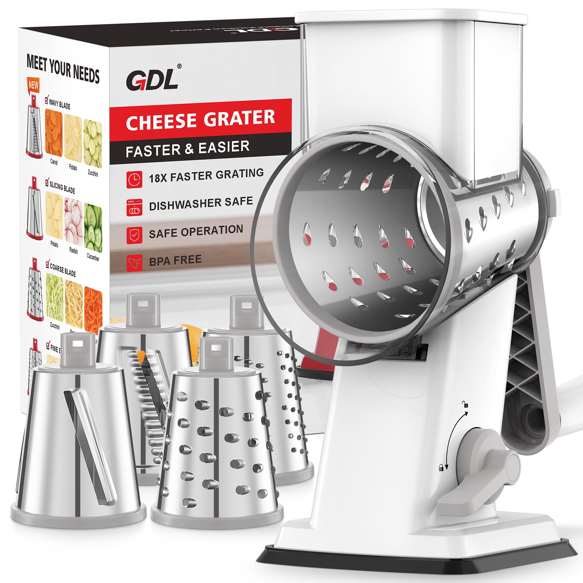 GDL Rallador de Queso, Cortador de Verdura con 4 Cuchillas de Tambor | Corte 18x Más Rápido, Base de Succión Antideslizante, Sin BPA, Apto Para Lavavajillas, Mayor Abertura de Entrada, Desmontable