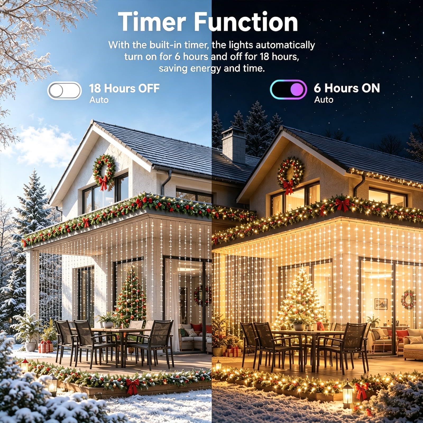 yowin Guirlande Lumineuse 2 Pièces 3m x 3m 300 LED Rideau Lumineux Noël | 8 Modes et Timer Rideau LED pour Décoration Chambre Noël Mariage Extérieur Interieur - Blanc Chaud