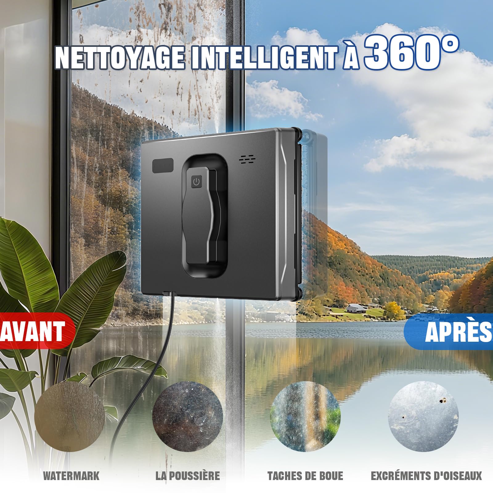 Robot limpiador de cristal inteligente con doble pulverización con 3 modos de trayectoria (Z/N, Z, N), robot de lavado de cristal automático con mando a distancia, navegación inteligente
