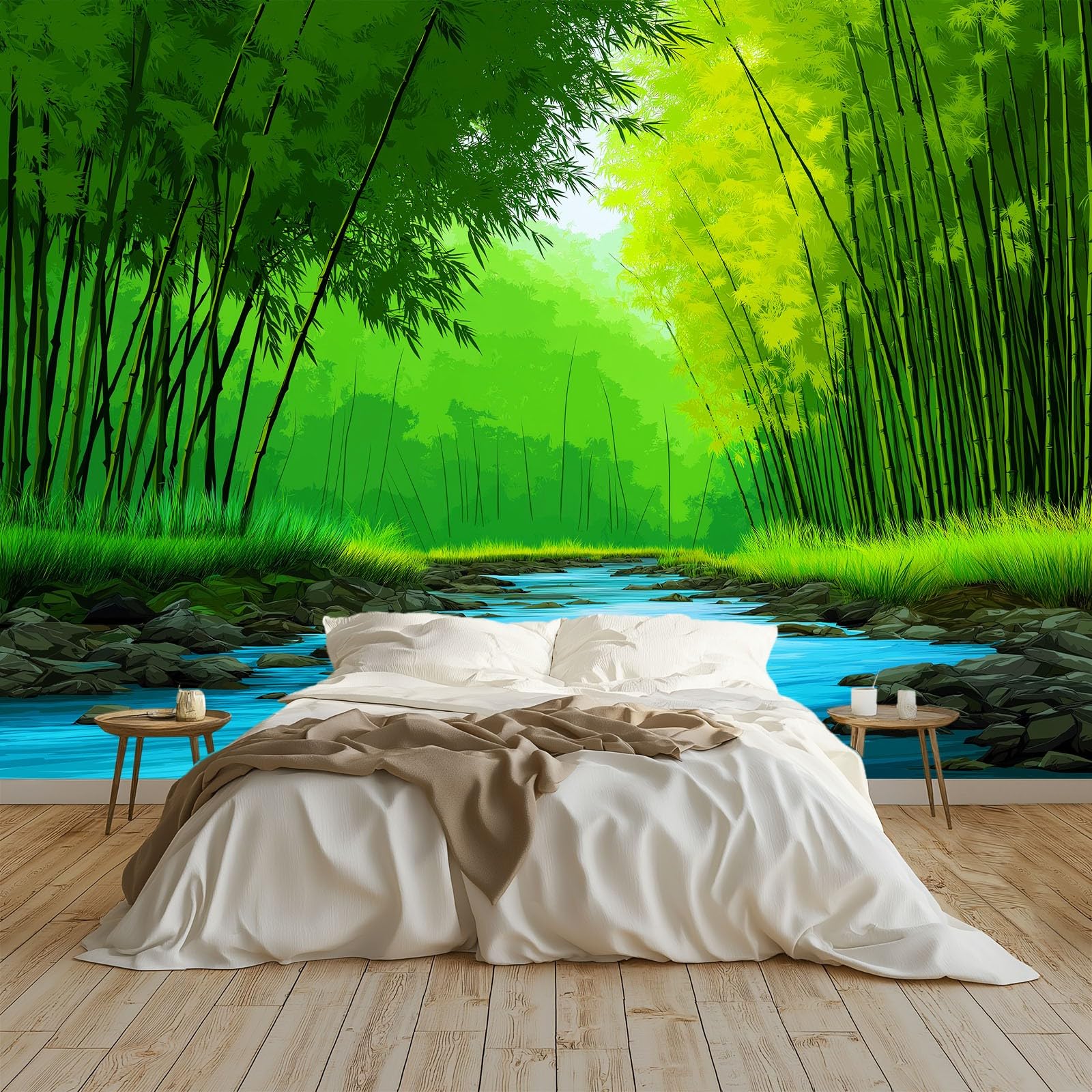 Tapeta 3D, fototapeta klasy premium, 350 x 256 cm, naturalny las bambusowy i strumień, fototapeta do salonu, nowoczesna tapeta z włókniny, obraz ścienny XXL, tapeta ścienna, efekt 3D, dekoracja