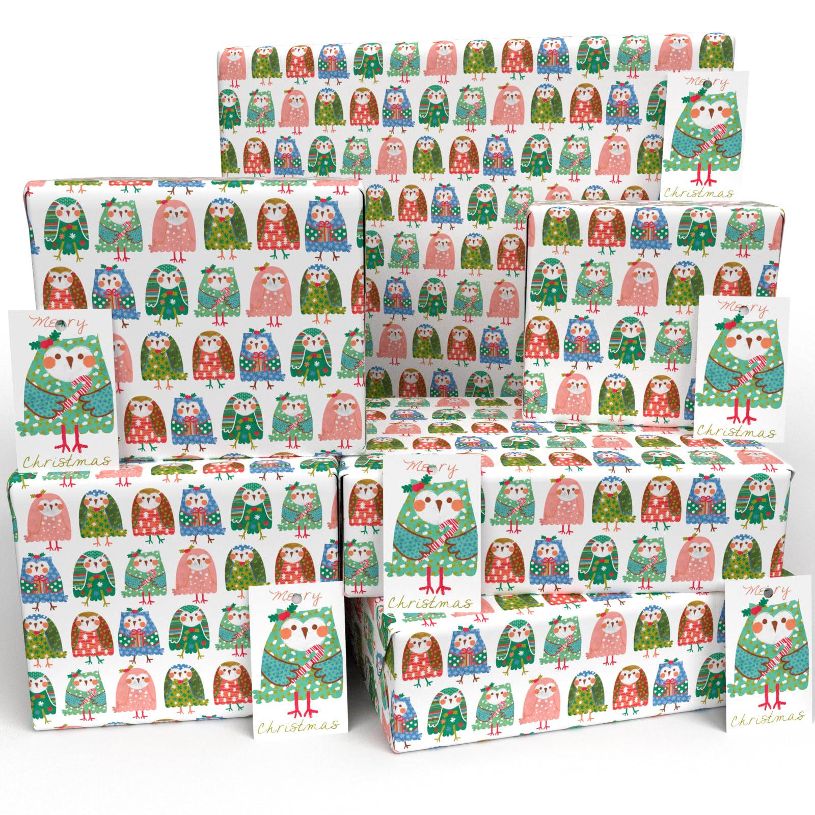 Luxury ECO Xmas Gift Wrap - 6 sheets/tags - Christmas Dendy the Owl White - Recycled & Recyclable Wrapping Paper - Re-wrapped