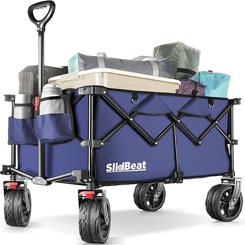 SLIDBEAT Carro de playa con grandes ruedas universales - Carro plegable - Carros de carros resistentes plegables - Carrito de jardín de camping azul