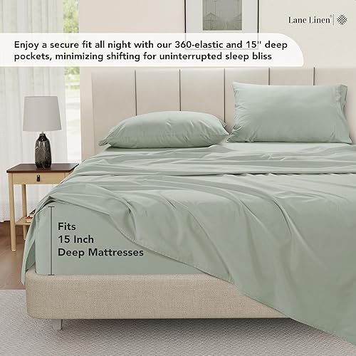 Miniatura 5 de LANE LINEN - Juego de sábanas tamaño King de fibras extralargas 100% algodón, sábanas King prelavadas en tejido de percal crujiente, diseñadas para