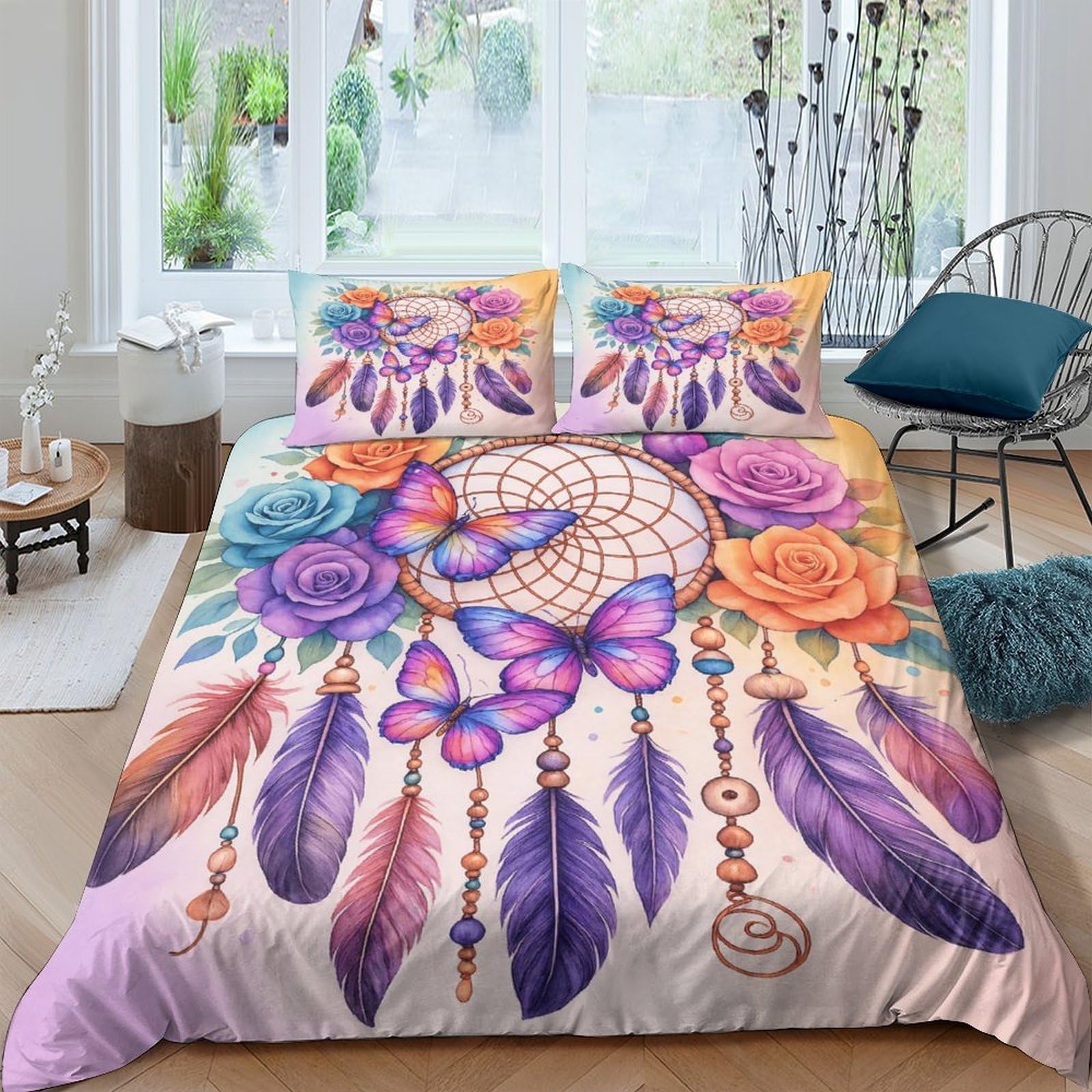 Ctjqhvkz Style-5 3D Printed Dreamcatcher Flower Fitted Sheet Microfiber Soft Purple Orange Feather Bed Cover For Bedroom Guestroom Decor Single（135X200cm）
