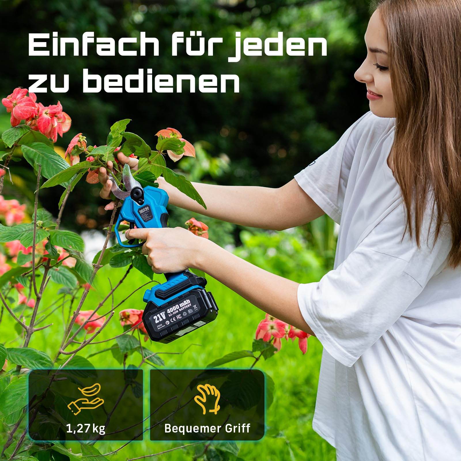 SEESII Akku Astschere 40 mm – Elektrische Gartenschere mit 2 * 4000 mAh Akkus, SK5-Klinge, Bürstenlosem Motor, LCD-Anzeige, Für Obstgärten, Landschaftspflege und Professionelle Gartenarbeiten, CS440