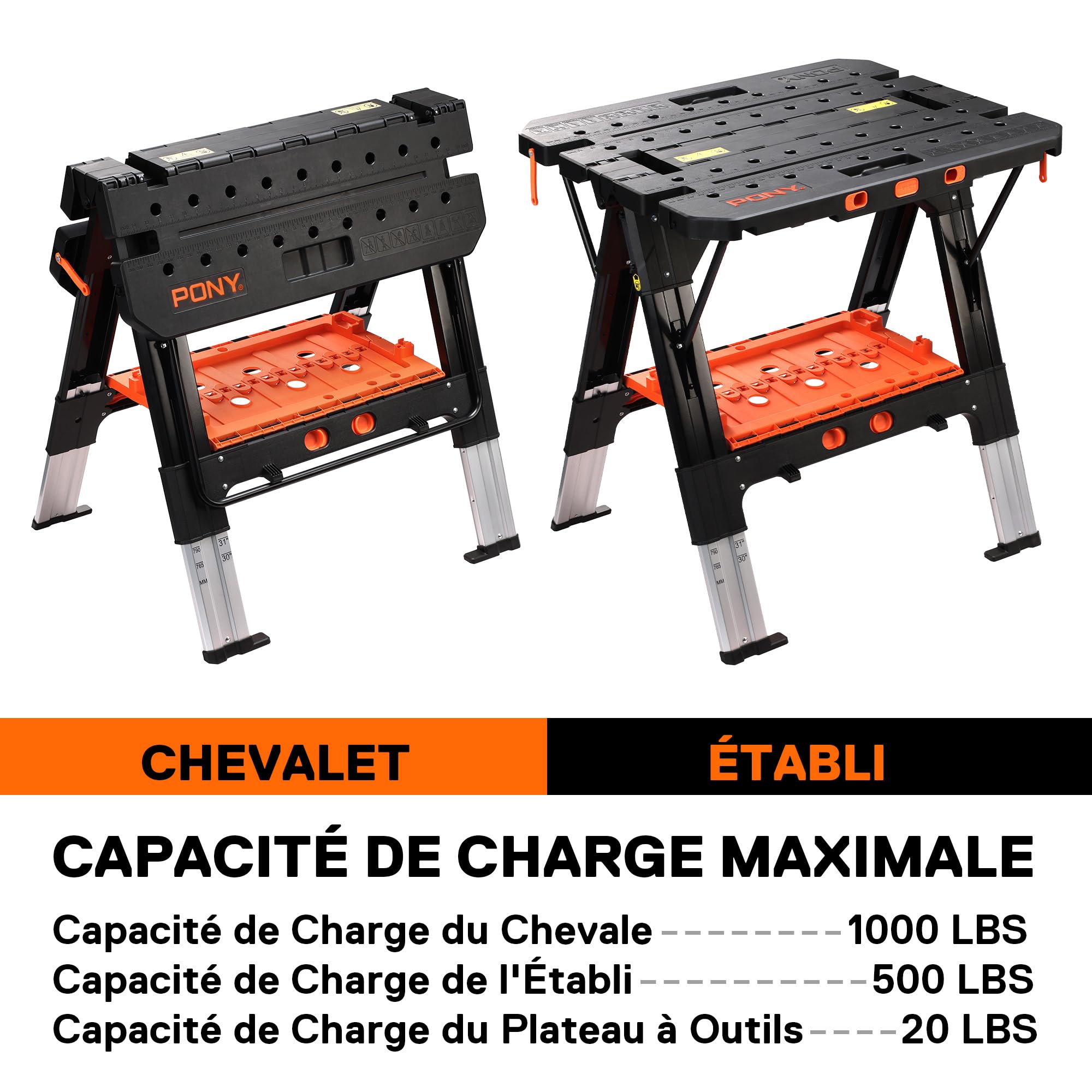 PONY Établi de Serrage 2 en 1, Établi Pliant avec 4 Serre-Joints, Chevalet de Sciage et Table de Travail, Capacité de Charge Jusqu’à 454 kg / 227 kg, Pieds en Aluminium pour Une Stabilité Optimale