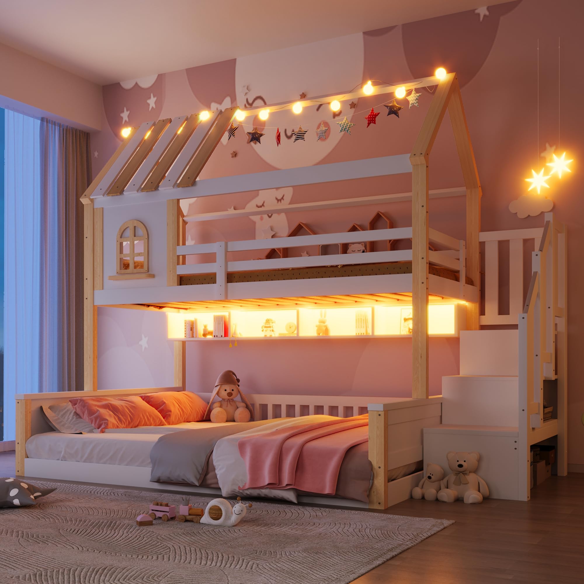 Litera de 90(140) x200 cm con LED y Diseño de Casa, Cama Infantil con Compartimentos Abiertos y Escalera Almacenaje, Cama Litera Matrimonio con Protección Anticaída, Sin Colchón, Blanco+Natural