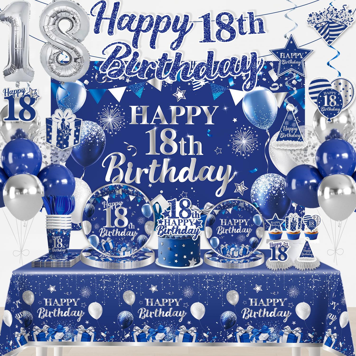 Yingoto 218Pcs Blue 18th Birthday Decorations for Boys