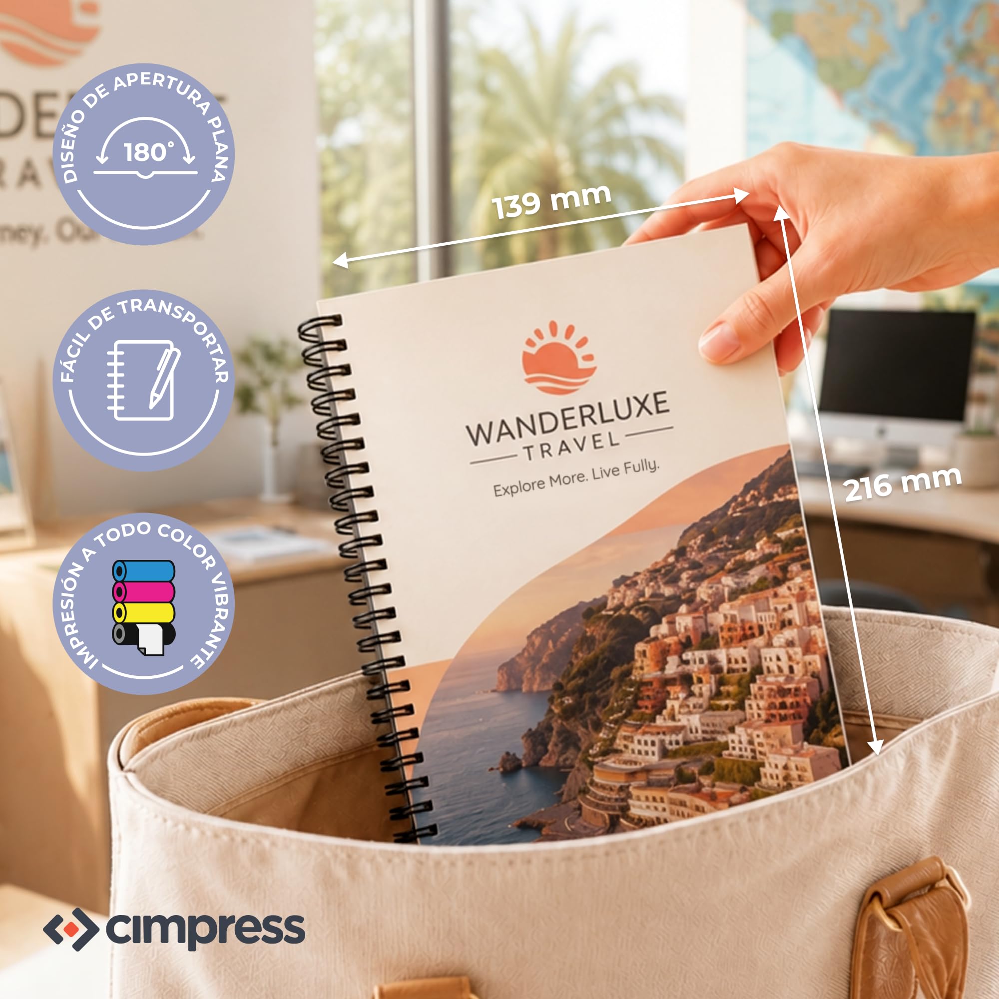 Cuaderno A5 personalizable, logotipo o texto, Cuadriculado, 10 unidades | Cubierta brillante 300 g/m², 160 páginas papel 90 g/m², espiral, ideal para reuniones, formación y regalos de empresa