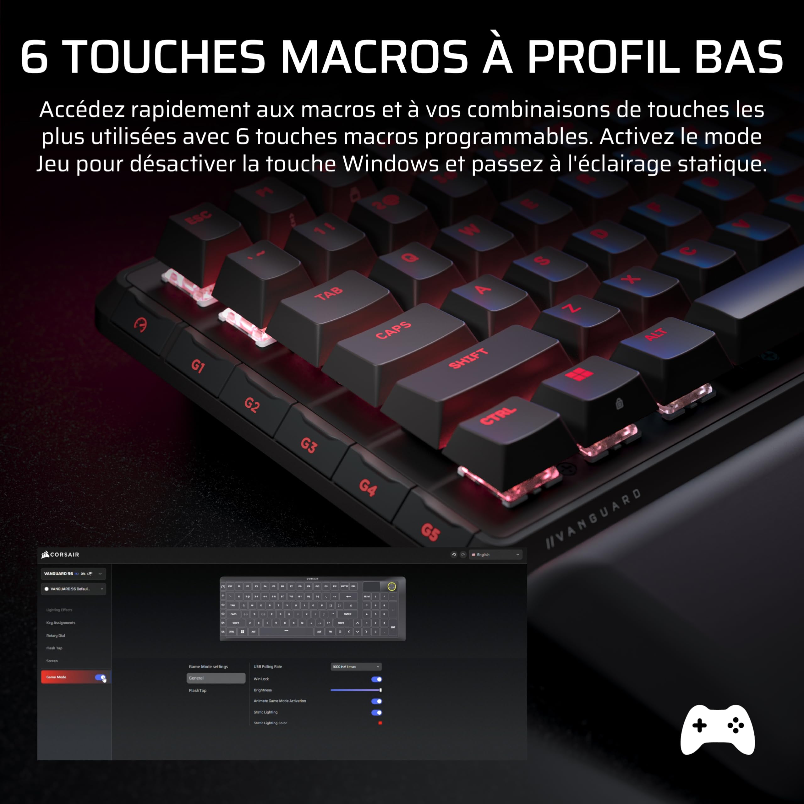 Corsair Vanguard 96 Clavier de Jeu Mécanique Filaire – Noir | 96%, MLX Plasma Commutateurs, Interrogation 8 000 Hz, Rapid Trigger, Stream Deck Virtuel, SOCD Flashtap
