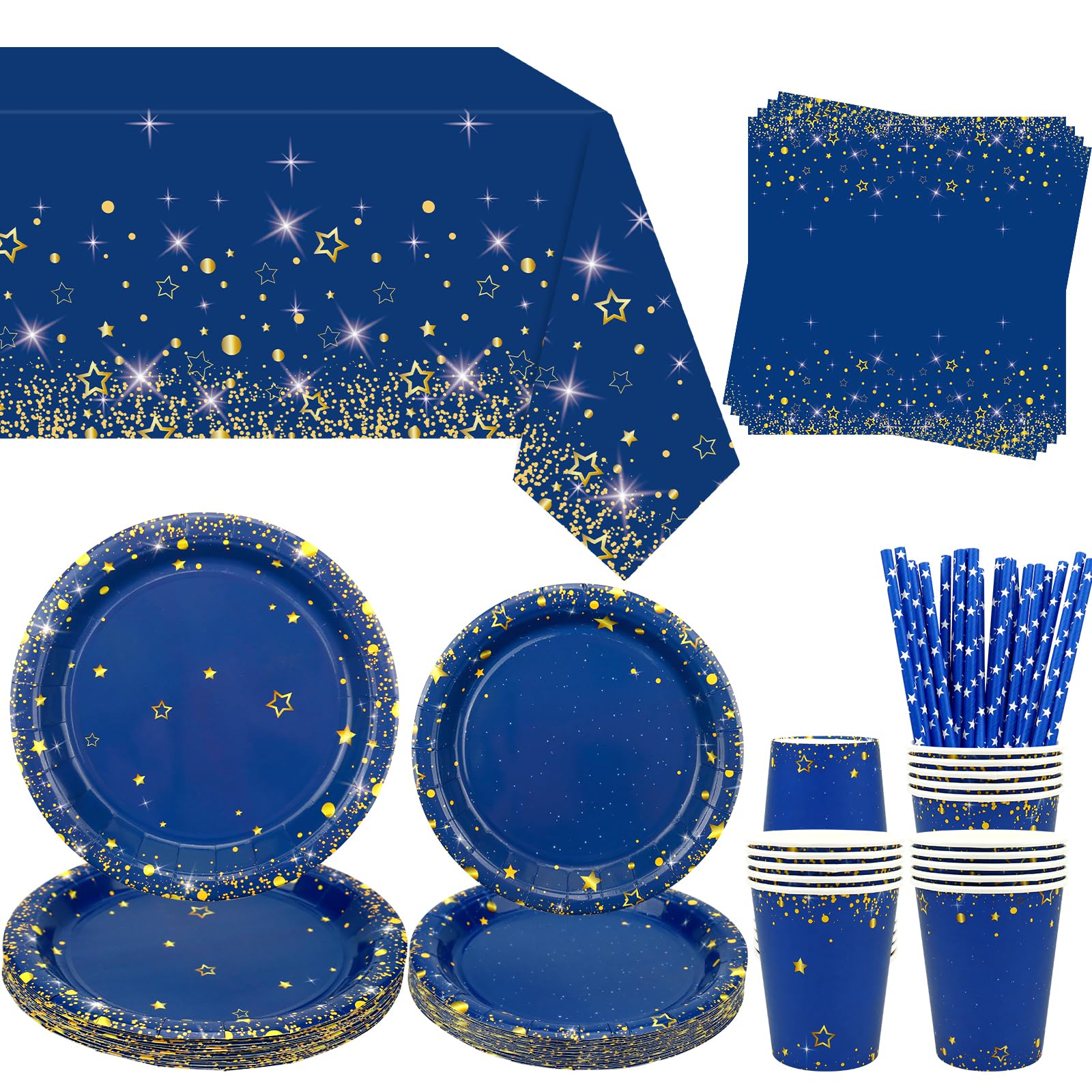 Obussgar Navy Blue Party Decorations - Navy Blue Gold Party Tableware Supplies Includes Plates, Cups, Napkins, Tablecloth, Straws - Serves 20