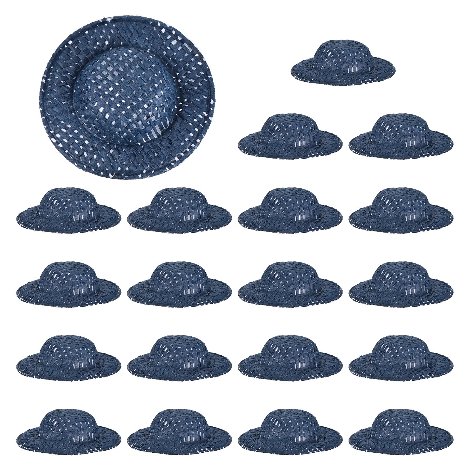 PATIKIL 20 Pcs Mini Straw Hats, 2 x 0.5 Inch Craft Doll Hats Miniature Ornaments Woven Caps for DIY Dollhouse Decoration Hair Accessories Snowman Weddings Party, Navy Blue