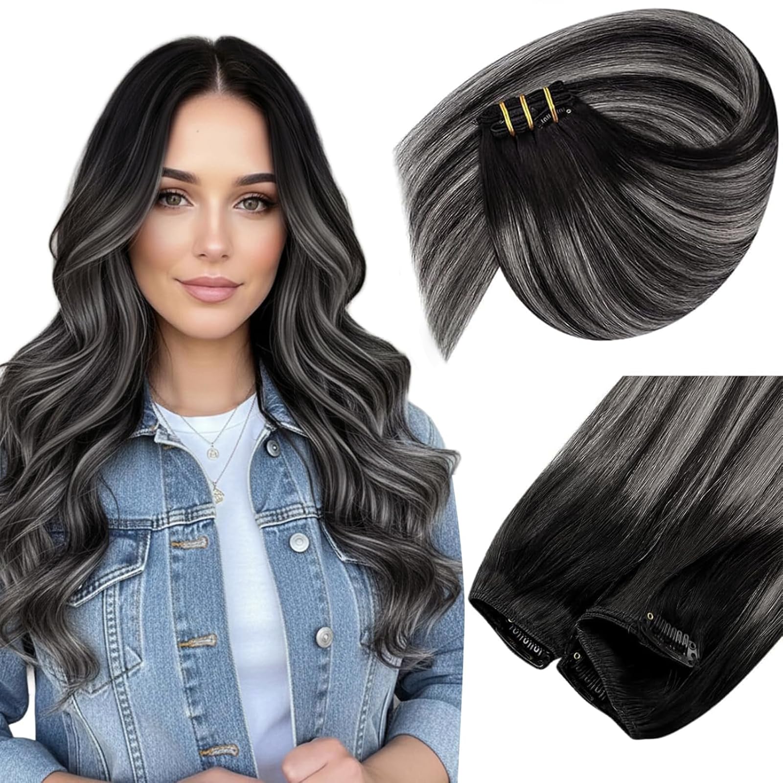 Sunny Hair Clip in Hair Extensions Real Human Hair 85g Remy Hair Clip in Extensions for Women Human Hair Extensions Natural Black Ombre Balayage Silver Grey 12 Inch