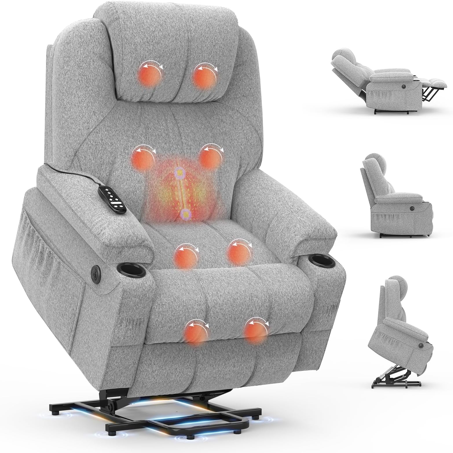 Recliner Armchair Lift Chair For the Elderly, Power Recliner Chair with Massage & Heat, Extended Footrest, Type C+USB Ports, 2 Cup Holders, Dual Side Pockets Reclining Chairs Lounge Sofa