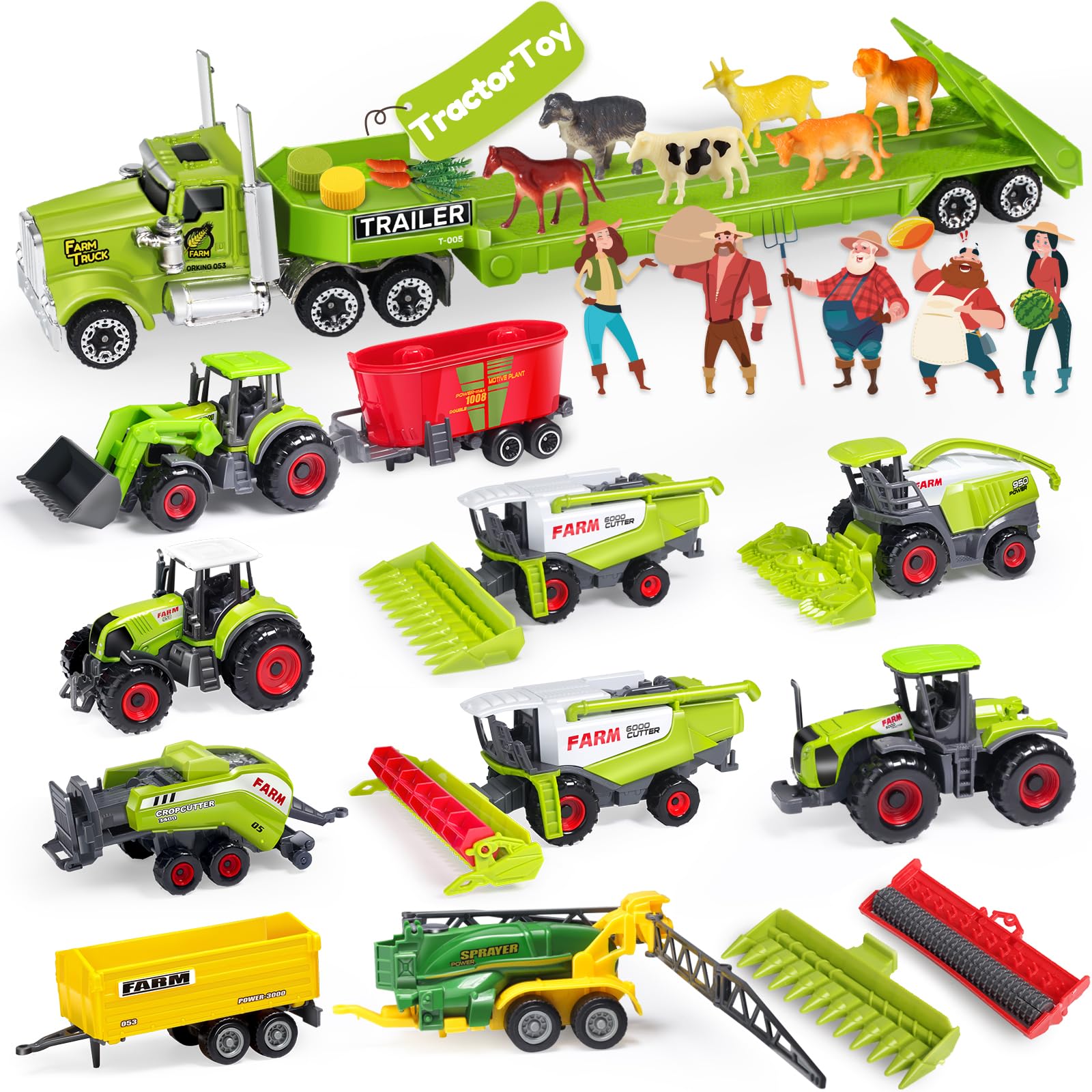 Oriate Kids Farm Toys Realistic Tractor Vehicle Playset, ABS Plastic & Diecast Car Set Educational Mini Farm Animals with Flatbed Trailer, Farming Birthday Gift for Children 3+ Year Old