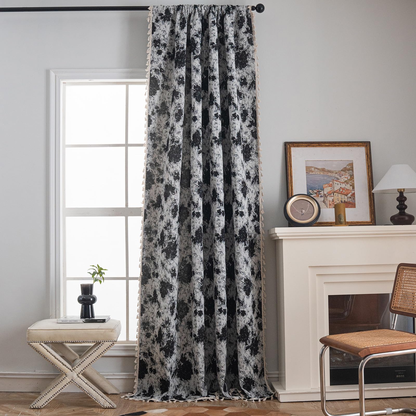 USTIDE Black Floral Jacquard Curtains 150x160cm, Semi Blackout Tassel Boho Window Drapes Rod Pocket for Home Decor, 1 Panel — image 1