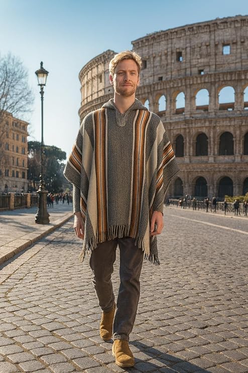 Gamboa Alpaca Wool Poncho Men with Hood Adult Cowboy and Western Ponchos