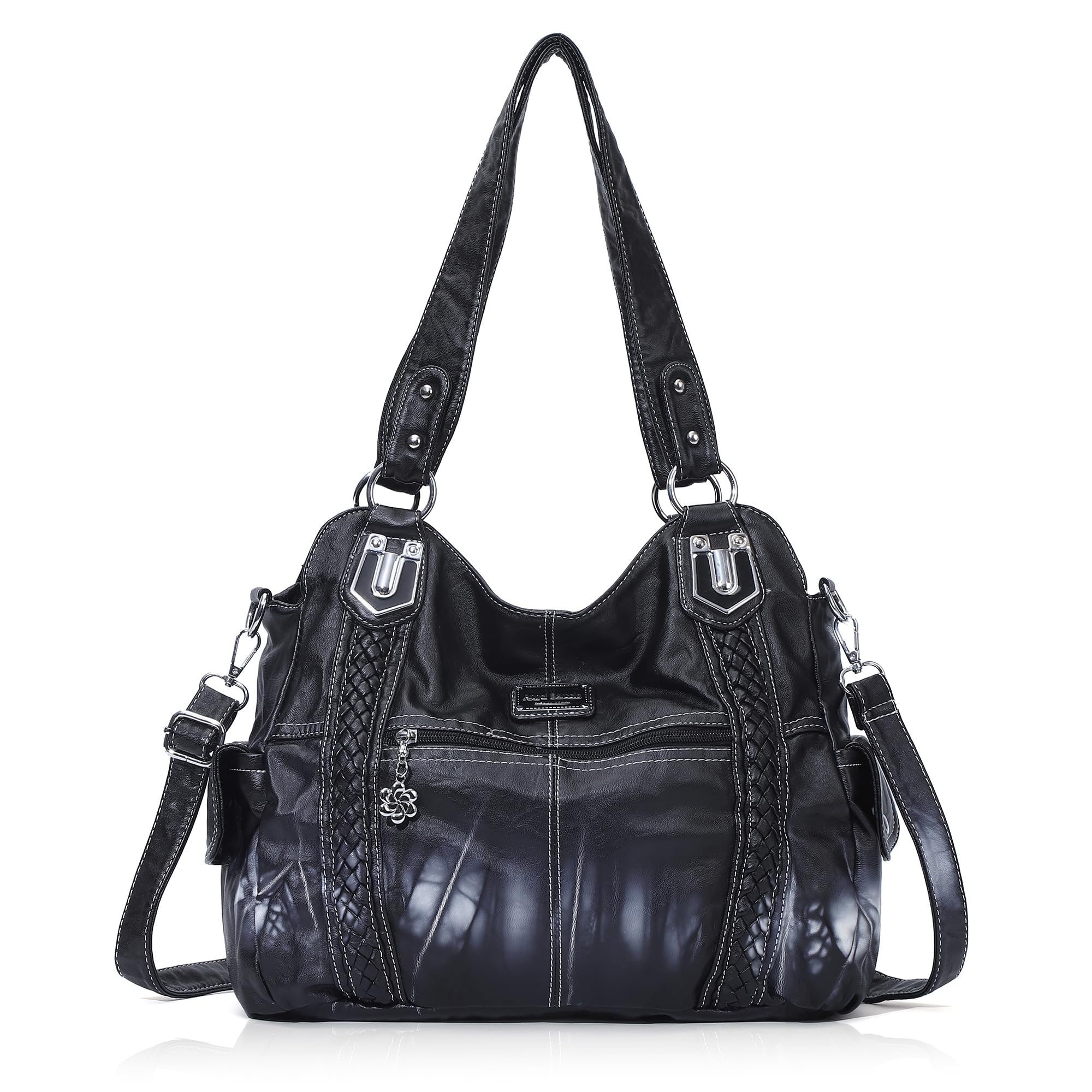 Angel Barcelo Roomy Fashion Hobo Womens Handbags Ladies Purse Satchel Shoulder Bags Tote Washed Leather BagBlack