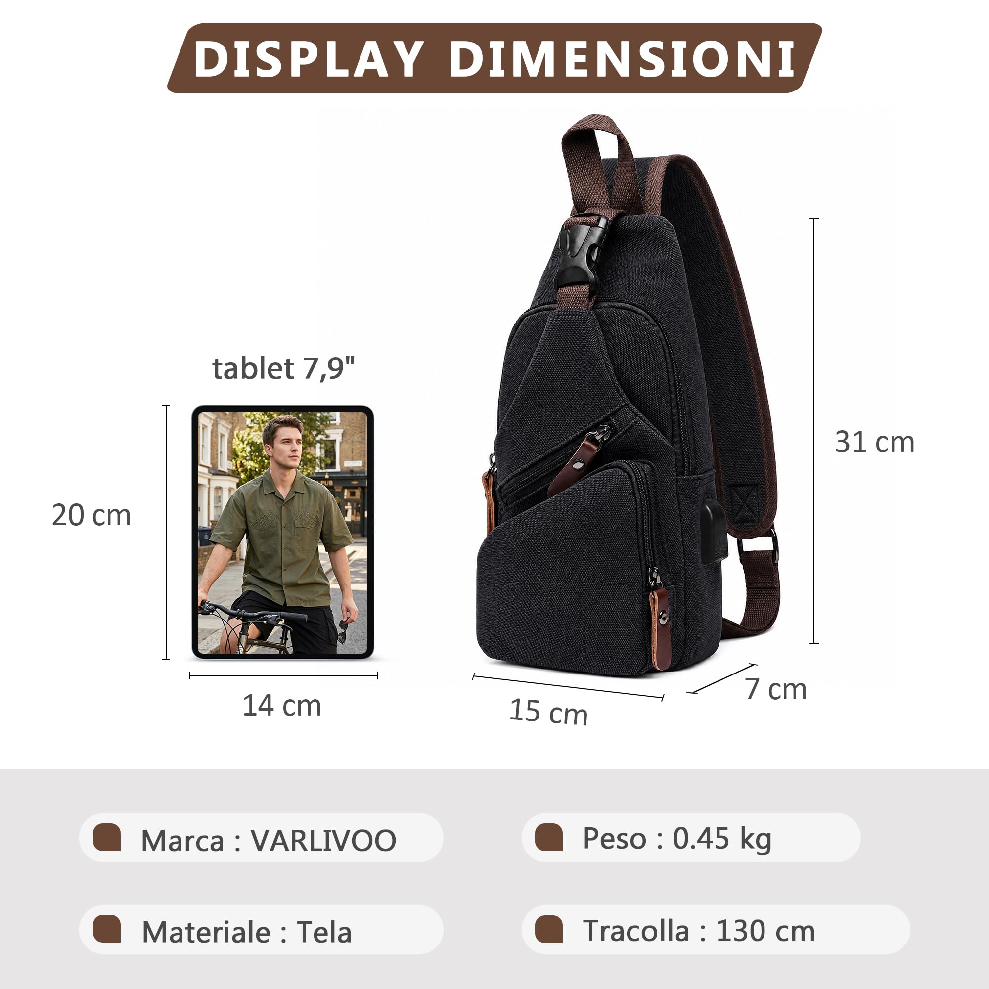 VARLIVOO Retrò Zaino Monospalla Uomo Zaini a Tracolla in Tela con Ricarica USB Pacco Petto Sportiva Borsello a Spalla Sling Bag Antifurto Zainetto Piccolo per Viaggio Campeggio Ciclismo Nero